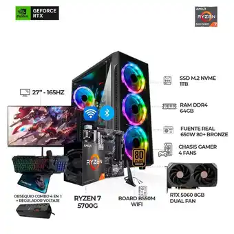 Falabella PC RYZEN 7 5700G + RTX 5060 + MONITOR 27 165HZ + B550 WIFI + RAM 64GB SSD 1TB oferta