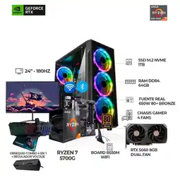 Falabella PC RYZEN 7 5700G + RTX 5060 + MONITOR 24 180HZ + B550 WIFI + RAM 64GB SSD 1TB oferta