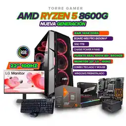 Falabella TORRE GAMER RYZEN 5 8600G/ 16GB RAM 1TB SSD/ B650/CHASIS 4FAN/ MONITOR 22 100HZ oferta