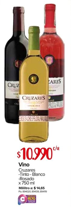 Super Inter Vino Cruzares -Tinto -Blanco -Rosado 750ml oferta