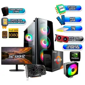 Falabella TORRE GAMER R7 5700X RTX 3050 6GB 32GB RAM SSD 1TB B550 (WIFI) 24” 120Hz 600W oferta