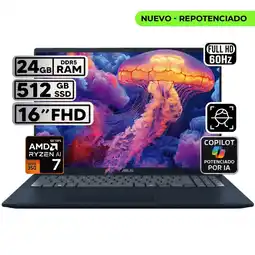 Falabella PORTÁTIL VIVOBOOK 16 RYZEN AI 7 24GB 512GB SSD PANTALLA 16″ WUXGA oferta