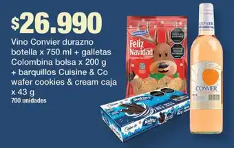 Convier vino durazno + Colombina galletas + Cuisine & Co barquillos