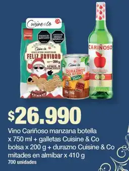 Jumbo Cariñoso vino manzana + Cuisine & Co galletas + Cuisine & Co durazno en mitades oferta