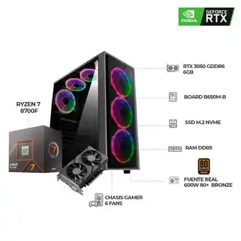 Falabella PC GAMER R7 8700F RTX3050 6GB RAM 32GB DDR5 SSD 1TB BOARD B650 CHASIS 6FANS RGB oferta