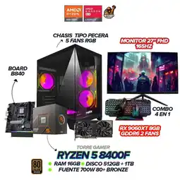 Falabella PC GAMER RYZEN 5 8400F / RX 9060XT 8GB / 16GB RAM / SSD 1.5TB / Monitor 27165hz oferta