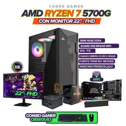 Falabella PC GAMER 5700G BOARD B550 WIFI SSD 1TB RAM 16GB + MONITOR 22 Y COMBO oferta