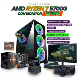 Falabella PC GAMER RYZEN 7 5700G / 32GB RAM/ SSD 1TB/ BOARD A520/ 500W/ MONITOR FHD 22 oferta