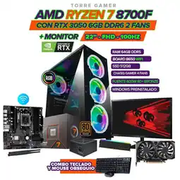 Falabella TORRE GAMER RYZEN 7 8700F/RTX 3050 6GB/64GB DDR5/SSD 512GB/MONITOR 22 oferta
