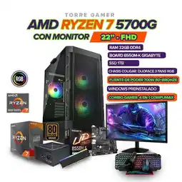 Falabella PC GAMER R7 5700G MONITOR 22 FHD RAM 32GB BOARD B550 SSD 1TB CHASIS COUGAR oferta
