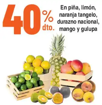 En piña, limón, tangelo, durazno nacional, mango y gulupa