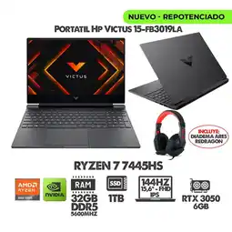 Falabella PORTATIL VICTUS RYZEN 7- 15.6 FHD 144HZ- RTX 3050 6GB- RAM 32GB DDR5 SSD 1TB + DIADEMAS REDRAGON oferta