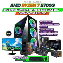 Falabella PC GAMER R7 5700G T VIDEO RTX4060 8GB RAM 16GB SSD 512GB M2 + MONITOR 22 FHD oferta
