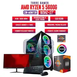 Falabella TORRE GAMER RYZEN 5 5600G/ 16GB RAM/ 512GB SSD/ BOARD A520M-K/ MONITOR 27 165Hz oferta