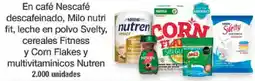 Jumbo En café Nescafé descafeinado, Milo nutri fit, leche en polvo Svelty, cereales Fitness y Corn Flakes y multivitamínicos Nutren oferta