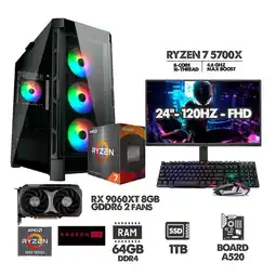 Falabella PC GAMER RYZEN 7 5700X - 64GB RAM - SSD 1TB - RX 9060XT 8GB + MONITOR 24 120HZ oferta