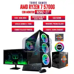 Falabella TORRE GAMER RYZEN 7 5700G/16GB RAM/ 512GB SSD/BOARD A520M-K MONITOR 27 FHD 165Hz oferta