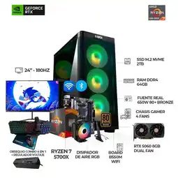 Falabella PC Gamer Ryzen 7 5700X / RTX 5060 6GB / 64GB RAM / SSD 2TB / Monitor 24 FHD 180Hz / Wi-Fi + BT oferta