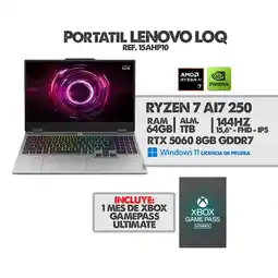 Falabella PORTATIL GAMER LOQ RYZEN AI 250/ RTX 5060 8GB/ 16 FHD 144HZ/ RAM 64GB/ 1TB+ XBOX GAME PASS oferta
