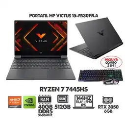 Falabella PORTATIL GAMER VICTUS RYZEN 7 7445HS- 15.6" 144HZ- RTX 3050 - RAM 40GB DDR5 SSD 512GB + COMBO GAMER oferta