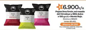 Monte rojo papas lima limón, sal rosada del himalaya y bbq dulce