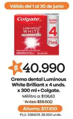 Éxito Colgate crema dental luminous white brilliant oferta