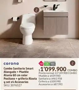 Homecenter Combo sanitario smart alongado + mueble aluvia 60 cm color positano + grifería aluvia y set x4 accesorios oferta