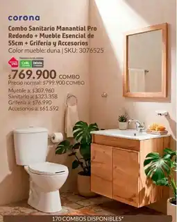 Homecenter Corona combo sanitario manantial pro redondo + mueble esencial de 55cm + grifería y accesorios oferta