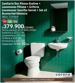 Homecenter Corona sanitario dos piezas ecoline + lavamanos milano + grifería lavamanos sencilla serrat + set x3 accesorios valencia oferta