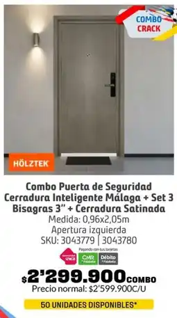 Homecenter Combo puerta de seguridad cerradura inteligente málaga + set 3 bisagras 3" + cerradura satinada oferta