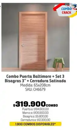 Homecenter Combo puerta baltimore + set 3 bisagras 3" + cerradura satinada oferta