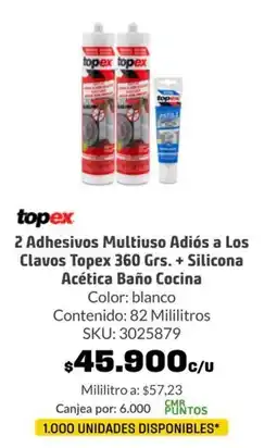 Homecenter Topex 2 adhesivos multiuso adiós a los clavos topex 360 grs. + silicona acética baño cocina oferta