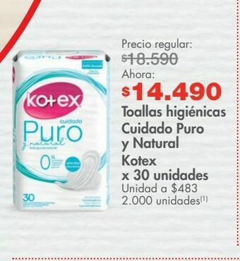 Metro Toallas higiénicas cuidado puro y natural kotex x 30 unidades oferta