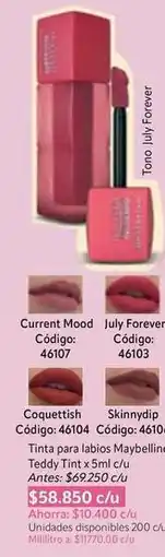 Nova Venta Maybelline - tinta para labios teddy tint x5ml c/u códigos: 46107, 46103, 46104, 4610 oferta