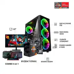 Falabella Torre Gamer Ryzen 7 5700G / Board A520 / Fuente 350W / Monitor 22’’ FHD / Combo 4 en 1 oferta
