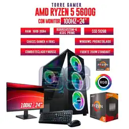 Falabella TORRE GAMER RYZEN 5 5600G 16GB RAM SSD 512GB M.2 BOARD A520M MONITOR 24 FHD oferta
