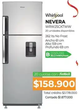 Full Hogar Whirlpool NEVERA WRW25CKTWW oferta