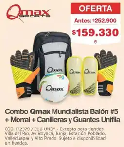 Makro Qmax combo mundialista balon #5 + morral + canilleras y guantes unifila oferta