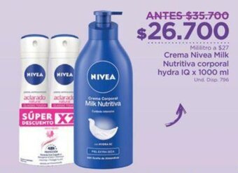 FarmaTodo Crema Nivea Milk Nutritiva Corporal Hydra IQ 1000ml oferta