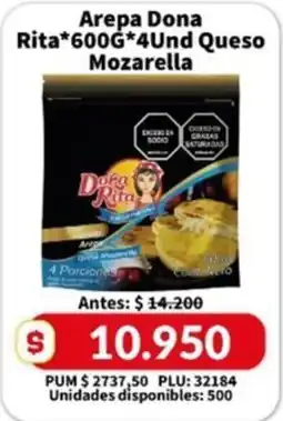 Caribe Supermercados Dona Rita arepa 600g 4 und queso mozzarella oferta