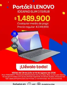 Olímpica Lenovo - portátil ideapad slim 3 15iru8 oferta