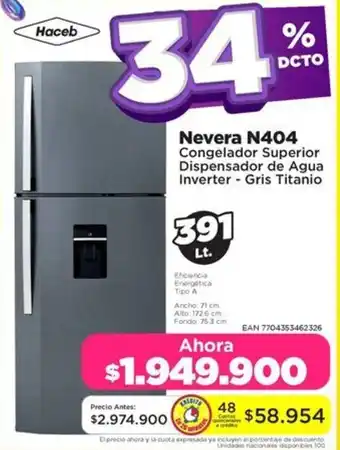 Haceb nevera n404 congelador superior dispensador de agua inverter - gris titanio