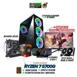 Falabella Torre Gamer Chasis Gamer Ryzen 7 5700G 64GB RAM / SSD 512GB / A520 + MONITOR 27 + COMBO 4 EN 1 oferta