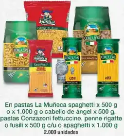 Jumbo La Muñeca pastas spaghetti o cabello de ángel o Conzazoni fettuccine penne rigate o fusili oferta