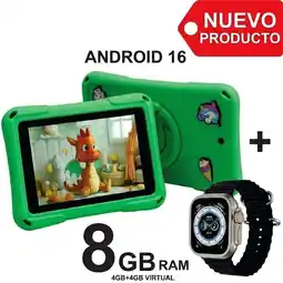 Falabella Tablet Niños 7 Pulgadas 8GB RAM (4+4) 64GB Android 16 + Reloj Inteligente VERDE oferta