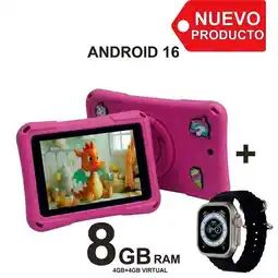 Falabella Tablet Niños 7 Pulgadas 8GB RAM (4+4) 64GB Android 16 + Reloj Inteligente ROSADO oferta