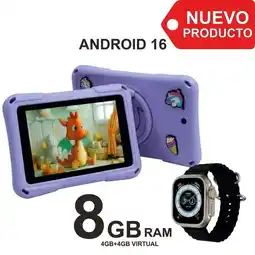 Falabella Tablet Niños 7 Pulgadas 8GB RAM (4+4) 64GB Android 16 + Reloj Inteligente LILA oferta