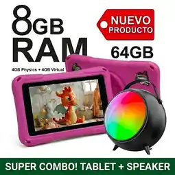 Falabella Tablet para Niños 7 Pulgadas 8GB RAM (4GB+4GB 64GB WiFi Estuche Protector + Parlante BT ROSADO oferta
