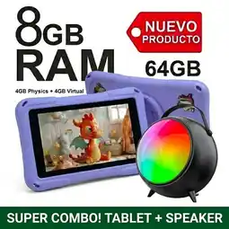 Falabella Tablet para Niños 7 Pulgadas 8GB RAM (4GB+4GB) 64GB WiFi Estuche Protector + Parlante BT LILA oferta