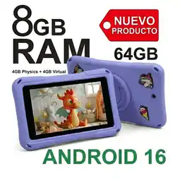 Falabella Tablet para Niños PLAY 7 Pulgadas 8GB RAM (4GB+4GB) 64GB WiFi con Estuche Protector LILA oferta